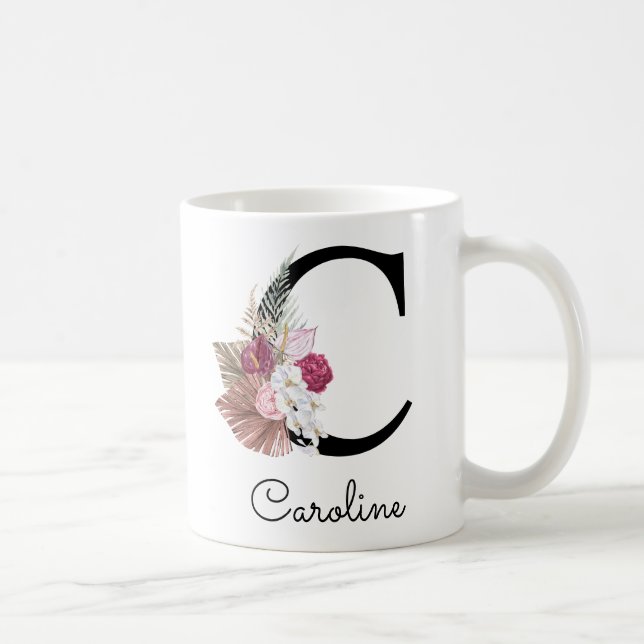 Mug Moderne Rose Boho Féminin Floral Initiale C (Droite)