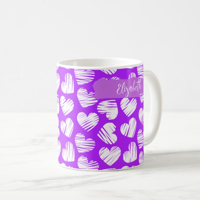 Mug Moderne violet blanc Doodé Coeur Valentine Nom (Devant droit)