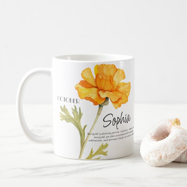 Mug Mois de naissance Octobre Fleur personnalisée (Avec donut)