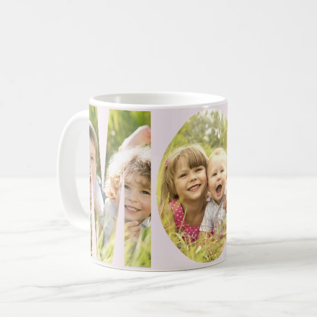 Mug MOM 3 Photos Lettres découpées rose ou votre coule (Devant gauche)