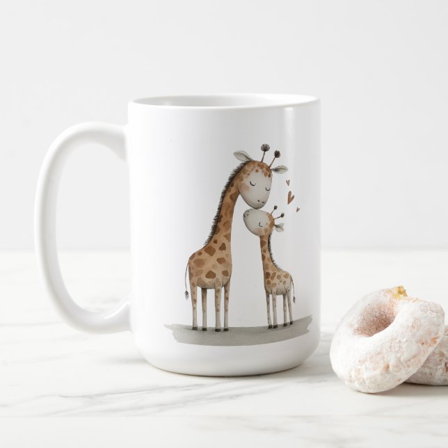 Mug Mom & Baby Giraffe Cute Illustration (Avec donut)
