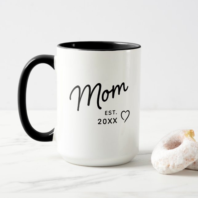 Mug Mom Black and White Minimalist Est Year  (Avec donut)
