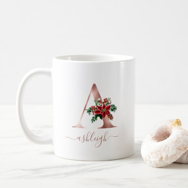 Mug Monogram A Poinsettia en Or Rose Script (Avec donut)