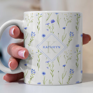 Mug Monogram Blue Wild Flower Motif personnel