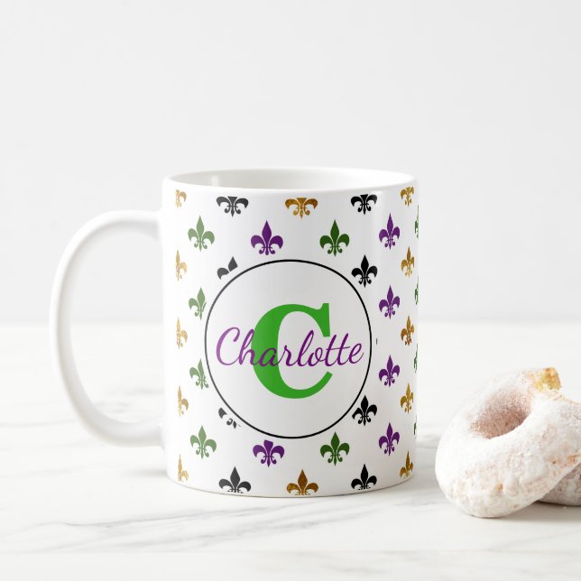 Mug Monogram Mardi Gras Fleur De Lis tendance (Avec donut)