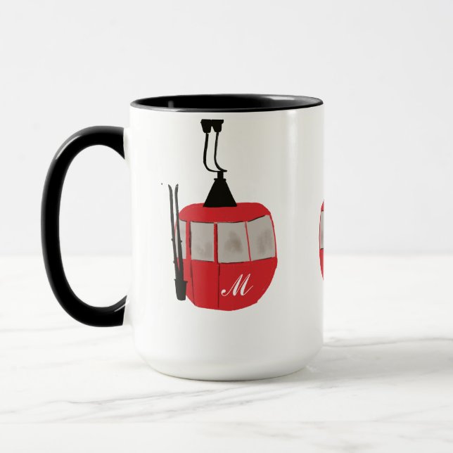 Mug Monogram Retro Red Ski Gondola Lift Personnalisé (Gauche)