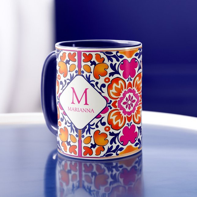 Mug Monogram Rose orange bleu carreaux mexicains (Monogram Pink orange blue Mexican tiles Mug personalized name bridesmaid gifts bridal party favors)