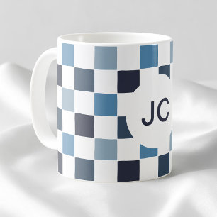 Mug Monogramme À damiers Bleu Blanc Moderne Simple