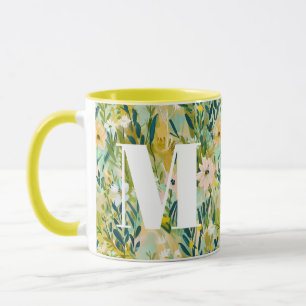 Mug Monogramme à motif aquarelle de fleurs vertes pict