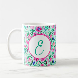 Mug Monogramme à motif floral aquarelle rose de printe