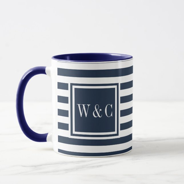 Mug Monogramme à rayures bleu et blanc de la marine (Gauche)