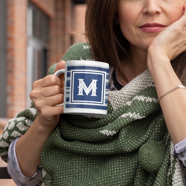 Mug Monogramme à rayures bleues et blanches (Créateur téléchargé)