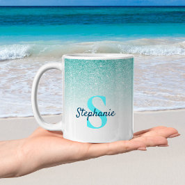 Mug Monogramme Aqua Parties scintillant Bleue Ombre Gl