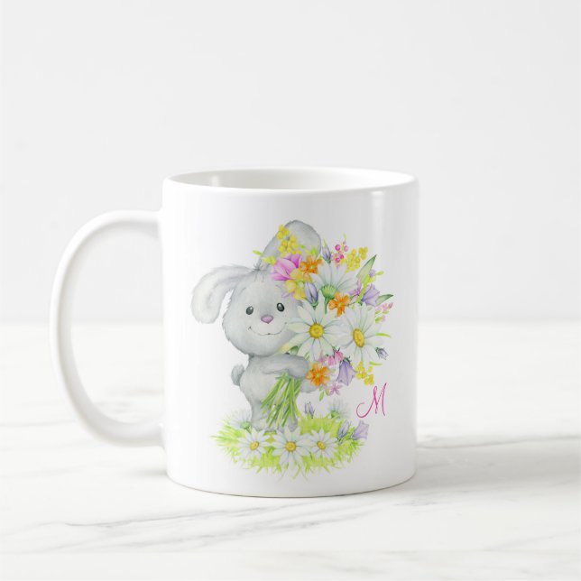 Mug Monogramme Aquarelle Cute Lapin Floral Lapin Lapin (Gauche)