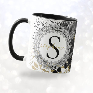 Mug Monogramme Black Gold Roses Diamants Luxe Design