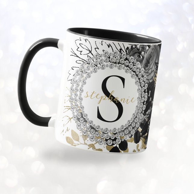 Mug Monogramme Black Gold Roses Diamants Luxe Design (mockup view)