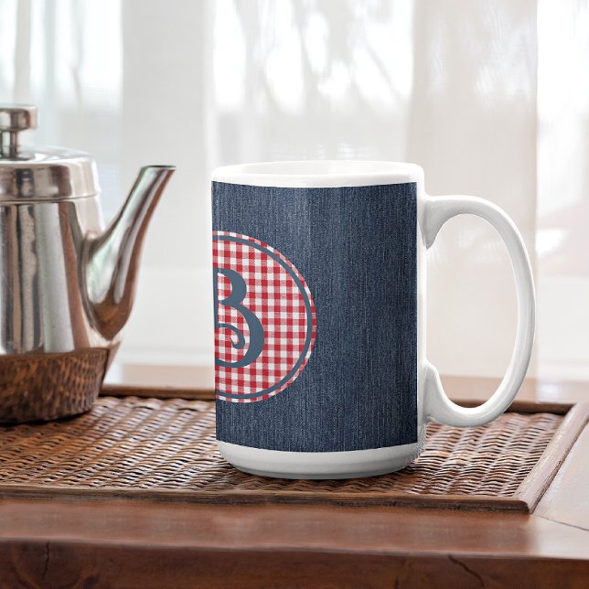 Mug Monogramme, bleu Denim rouge blanc chèque 15oz (Créateur téléchargé)
