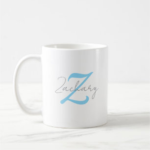 Mug Monogramme Bleu Moderne & Nom en Écriture Personna