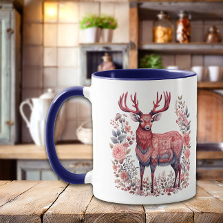 Mug Monogramme bleu rose de rennes d'hiver nordique