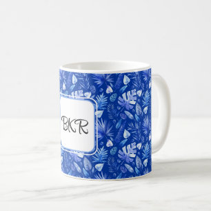Mug Monogramme, Cobalt Bleu Tropical Feuille Motif 11o