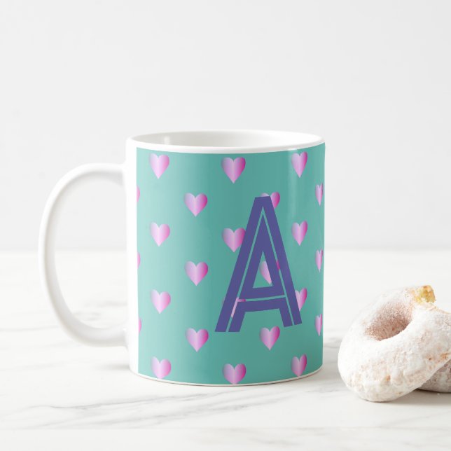 Mug Monogramme Coeurs Lilac Turquoise (Avec donut)