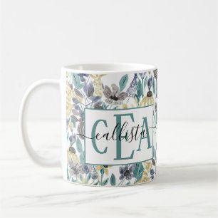 Mug Monogramme d'aquarelle florale gris moderne