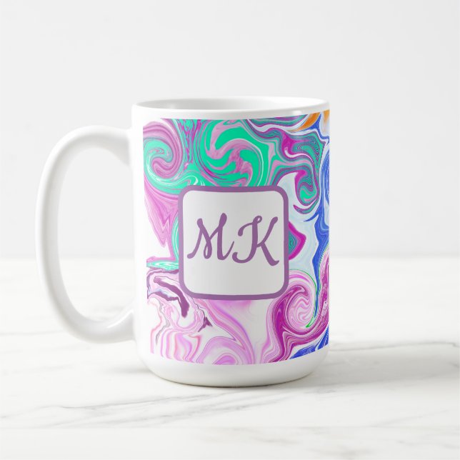 Mug Monogramme d'art fluvial bleu, orange, violet et T (Gauche)