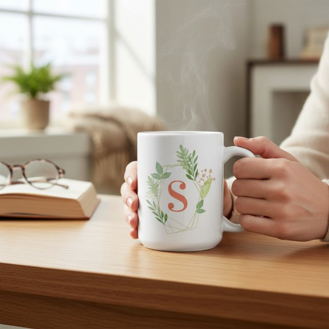 Mug Monogramme de cadre géométrique floral vert (Créateur téléchargé)