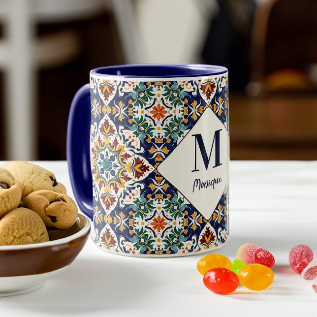 Mug monogramme de carreaux turcs azulejo méditerranéen (Mediterranean azulejo Turkish Persian tiles monogram Mug personalized name gifts bridal party favors)