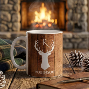 Mug Monogramme de famille rustique en bois de cerf