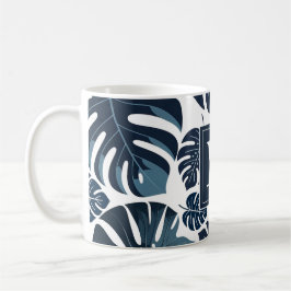 Mug Monogramme de feuille bleu et blanc de la marine