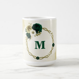 Mug Monogramme de fleurs d'or et d'ivoire vert émeraud