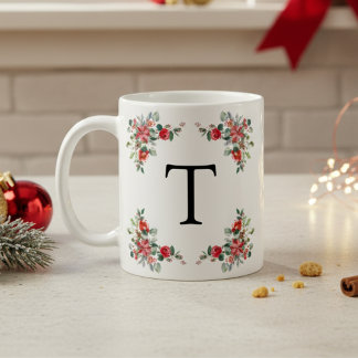 Mug Monogramme de fleurs rouges d'hiver