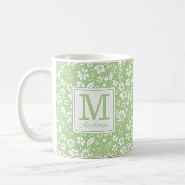 Mug Monogramme de fleurs tropicales vertes de chaux (Gauche)