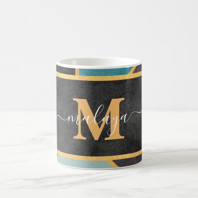 Mug Monogramme de la ligne d'or Turquoise moderne (Centre)