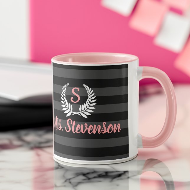 Mug Monogramme de laurier rose noir personnalisé femme (custom personalized teacher appreciation mug gift)