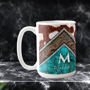 Mug Monogramme de mélange Turquoise en cuir Faux Ouest