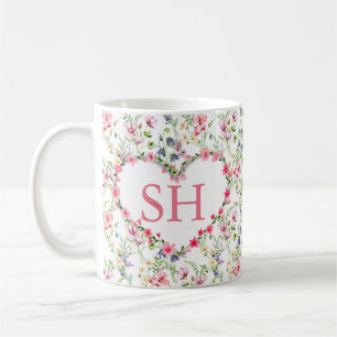 Mug Monogramme de motif aquarelle de fleurs printanièr