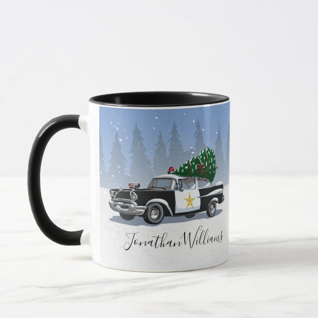 Mug Monogramme de neige sur les arbres de Noël des voi (Gauche)