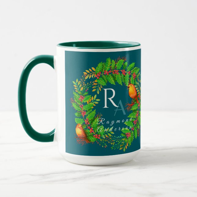 Mug Monogramme de Noël bleu océan (Gauche)