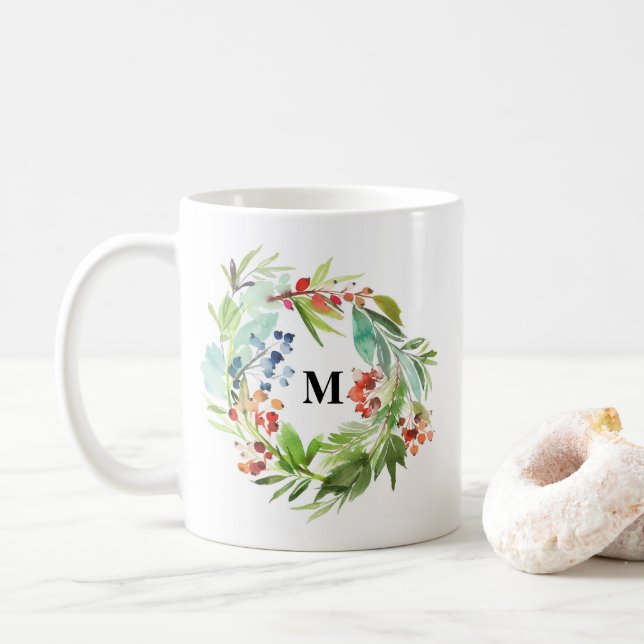 Mug Monogramme de Noël de Winterberry Holly et Juniper (Avec donut)