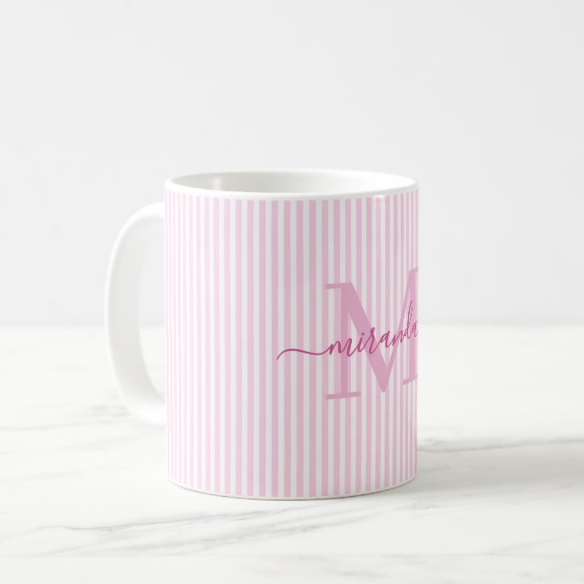 Mug Monogramme de nom à rayures roses modernes (Devant gauche)
