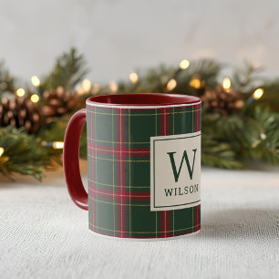 Mug Monogramme de nom de famille à carreaux de Noël cl