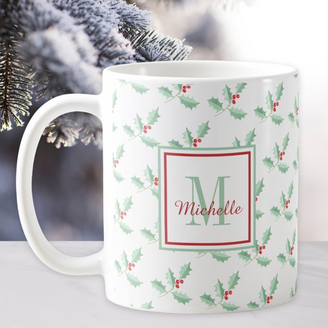 Mug Monogramme de nom Noël houx  (Créateur téléchargé)