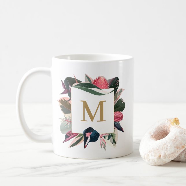 Mug Monogramme de plantes ménagères variées rose tropi (Avec donut)