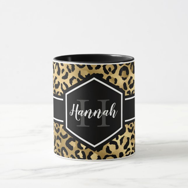 Mug Monogramme de points de léopard noir or (Centre)