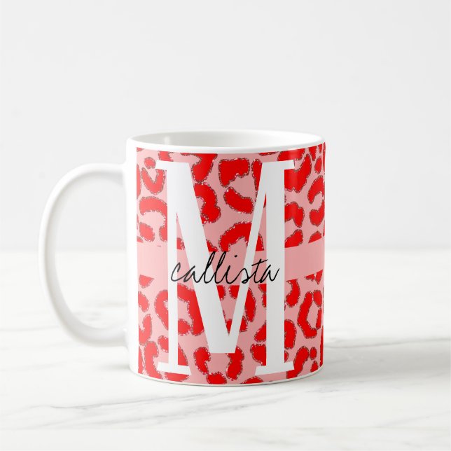 Mug Monogramme de Poster de animal léopard rose rouge  (Gauche)
