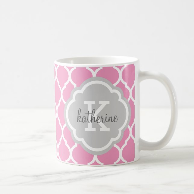 Mug Monogramme de Quatrefoil marocain rose et gris (Droite)