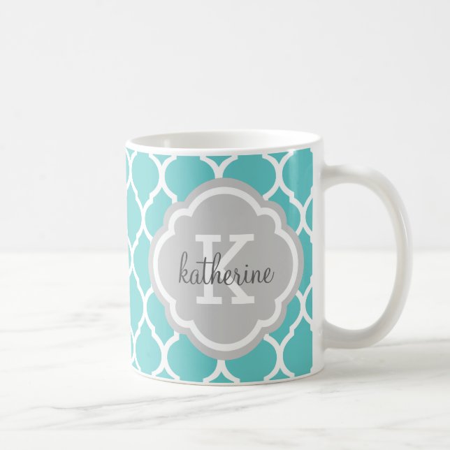 Mug Monogramme de Quatrefoil marocain Turquoise et Gri (Droite)