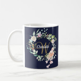 Mug Monogramme de roses florales de script doré bleu m